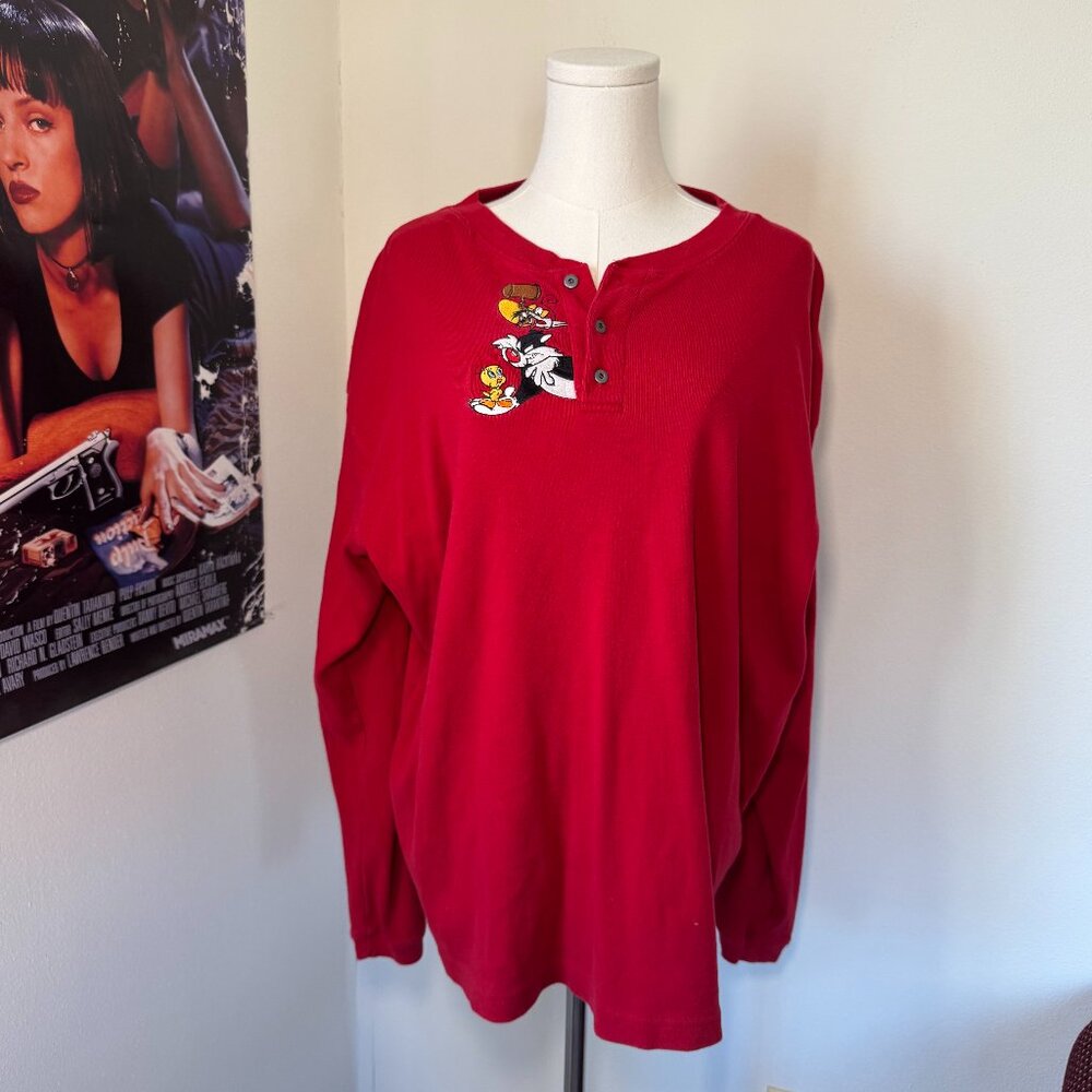 Vintage Looney Tunes Red Long Sleeve Embroidered Graphic Henley Shirt